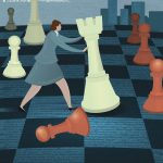 Business strategy concept – Businesswoman on chessboard with chess piece