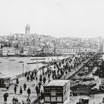 Antique photograph of Istanbul and Bosphorus bridge (Turkey,19th century)